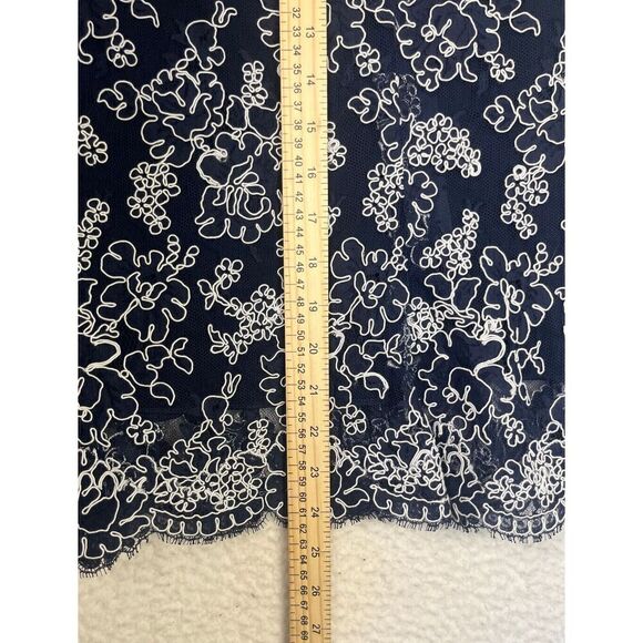 ML Monique Lhuillier Navy Floral Lace Sheath Midi Skirt Sheer V Neck Top Size 10 - Picture 9 of 13